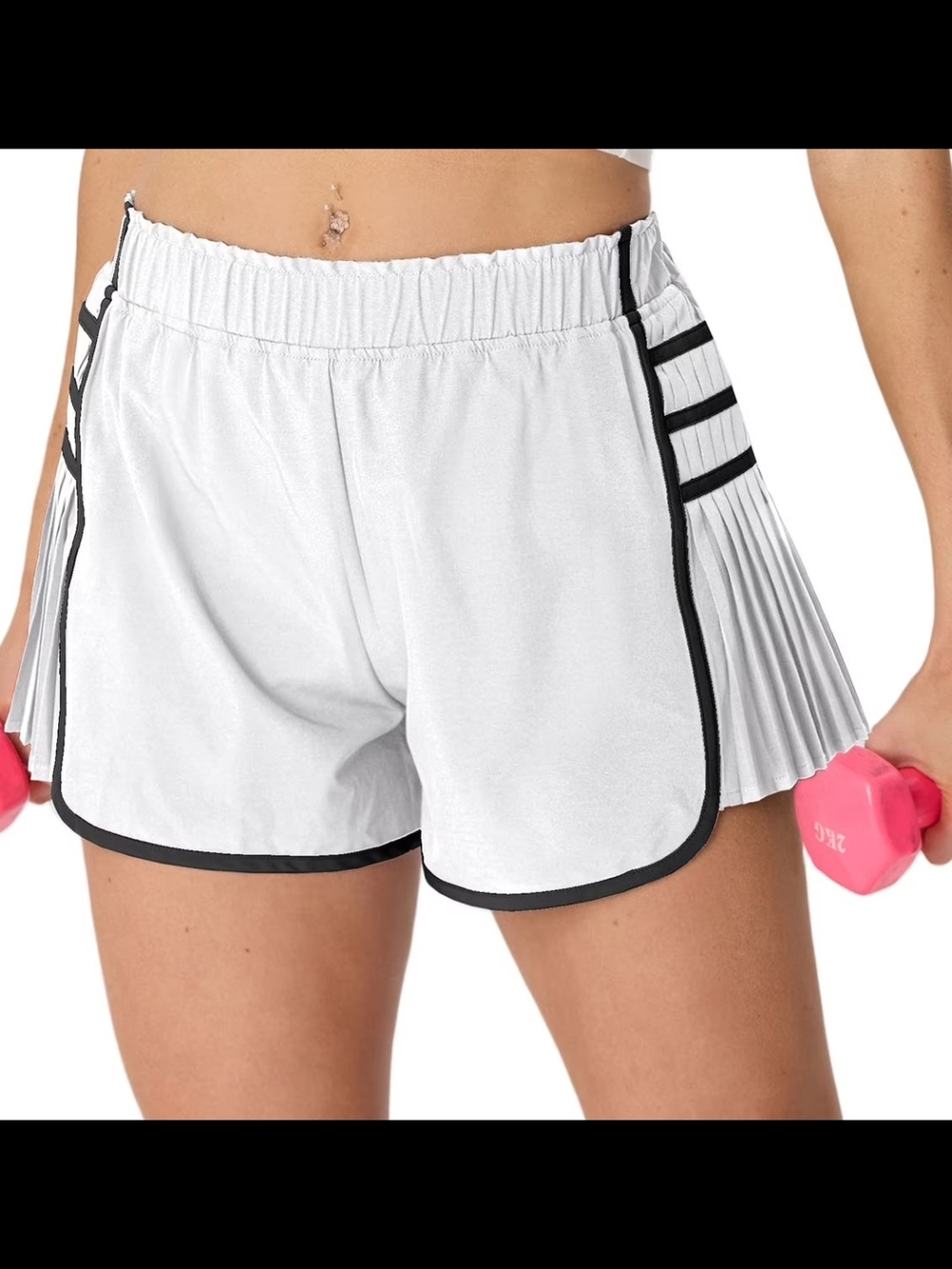 White Athletic Pleated Side Shorts with Black Trim